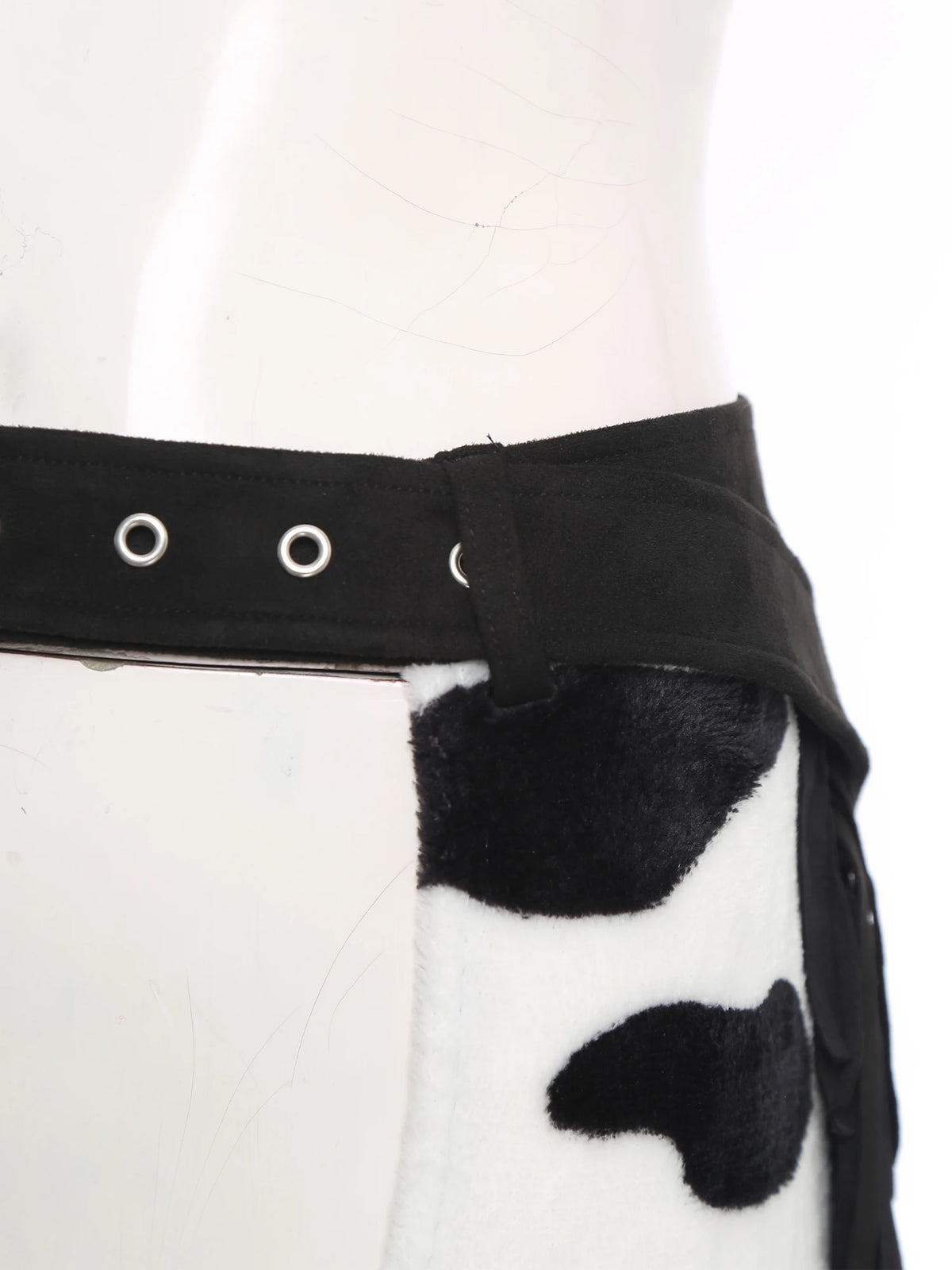 Womens Cow Spot Pattern Flannel Long Pants Adjustable Waist Open Crotch Biking Riding Cowgirl Chaps Halloween Cospaly Costume