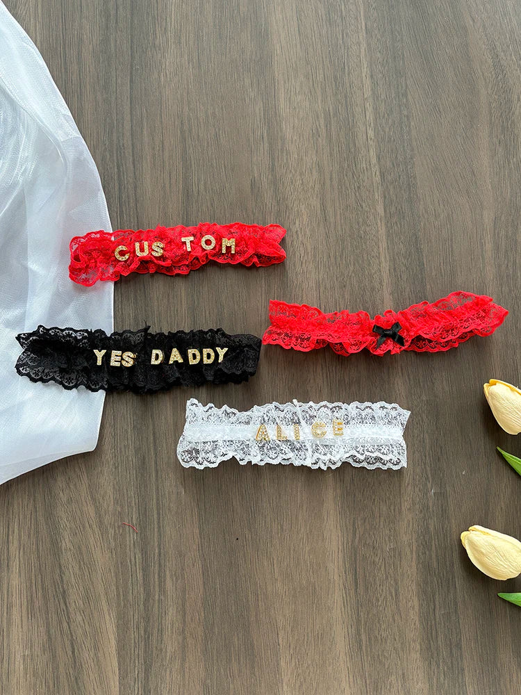 Women Custom Name Bow Leg Ring Sexy Personalized Name Lace Garter Leg Loop Wedding Garters Bridal Cosplay Thigh Ring Lovers Gift