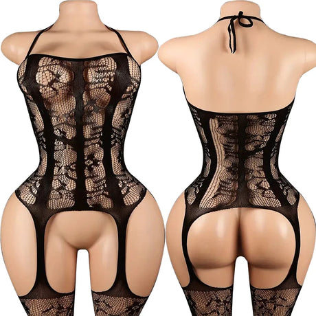 Sexy Crotchless Lingerie Women Open Back Teddies Body Suits Mesh See Through Bodystockings Full Sleeve Leopard Print Bodysuits