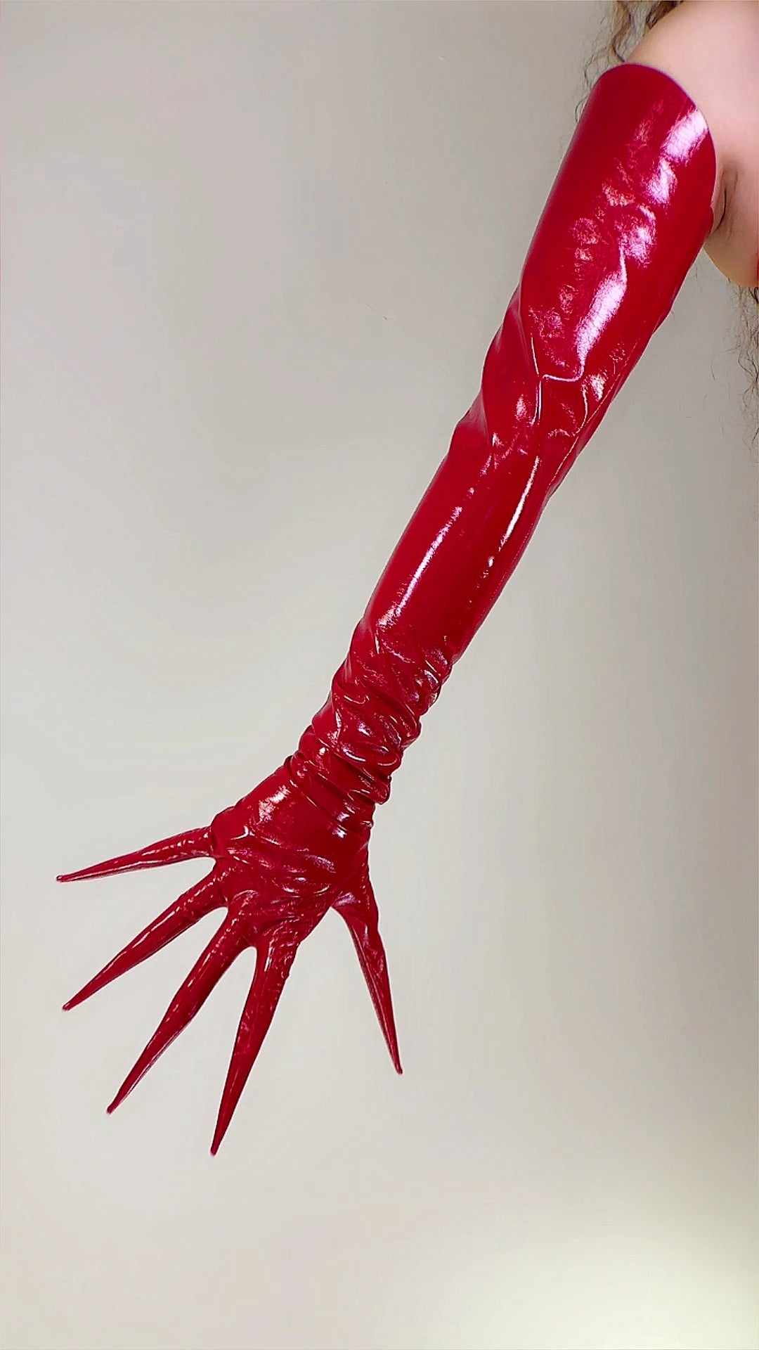 POINTED FINGER GLOVES 85cm 33" Long Spike Shoulders Patent Faux Leather PU Arm Warmers Shine Black LLDLLNT