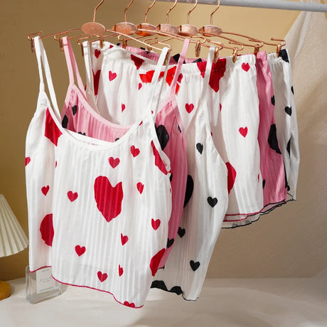 Heart Print Pajama Set Sleeveless Crop Top and Shorts Comfy Sleepwear Loungewear Nightwear Casual Soft T-Shirts Shorts