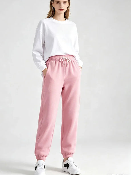 Autumn Winter Warm Solid Color Fleece Women Long Pants Casual Loose Elastic Waist Sports Pants Office Ladies Trousers Women