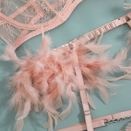 3-Piece Feather Decorated Lace Exotic Sets Women Sexy Patchwork Lingerie Set Chain Bra Panty Garter Underwear Kit For Female