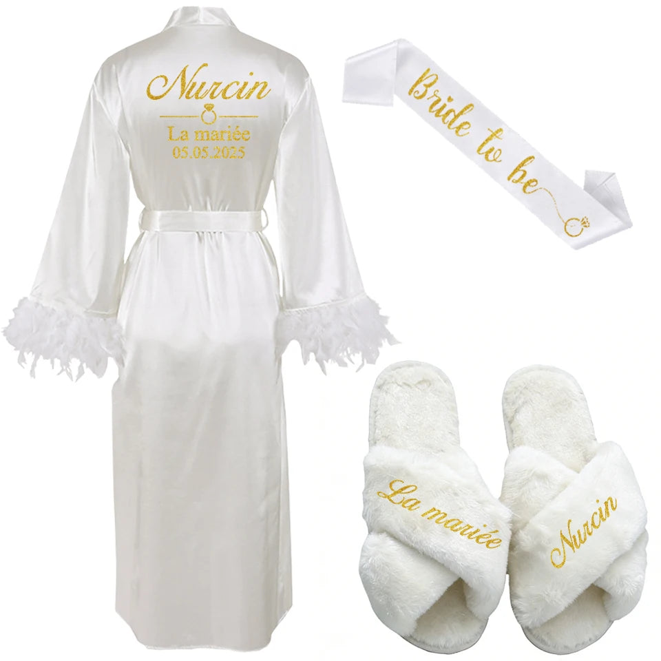 Customized Bathrobe for Women Personalized Name And Date Robe Add Any Text Gown for Bridal Party Feather Bride Robes