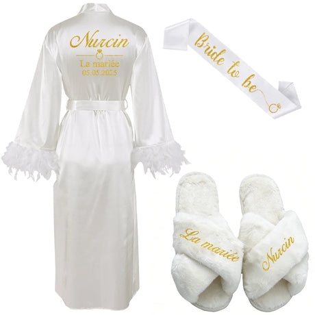 Customized Bathrobe for Women Personalized Name And Date Robe Add Any Text Gown for Bridal Party Feather Bride Robes
