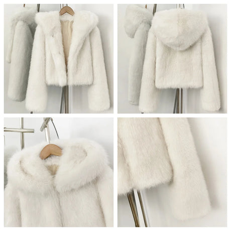 Women's Faux Fur Jacket White Mountain Fashion Hooded Cropped Faux Fur Coat Women Fluffy Women's Plush Coat Girls Hot Overcoat