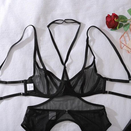 Ellolace See Through Sexy Lingerie Exclusive Halter Belt 3PC Stockings Luring Silver Cross Rhinestone Backless Harness Underwear
