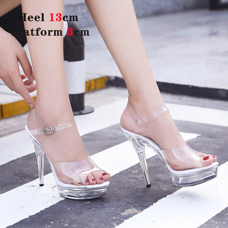New Sexy Versatile Fashion Women's Shoes 15cm Thin Heel Transparent Catwalk High Heels Crystal Sandals Model Performance Shoes