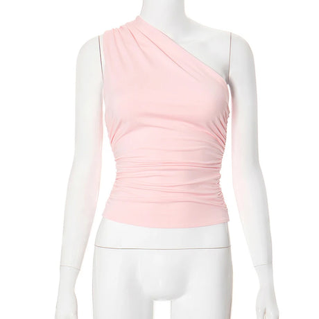 Solid Color One Shoulder Backless Shrink Tank Top T-Shirt Candy Color Tight Sexy Sleeveless Neckless Slim Casaul Top