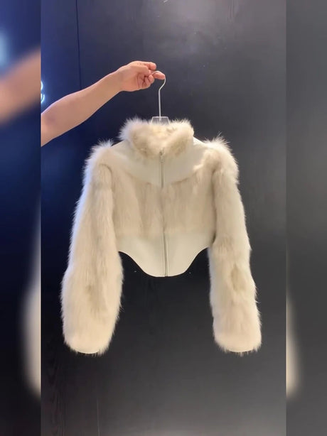 Cropped Faux Fur Coat Women Fashion Elegant Patchwork Fluffy Jacket Winter Ladies Korean Long Sleeve Furry Outerwears New
