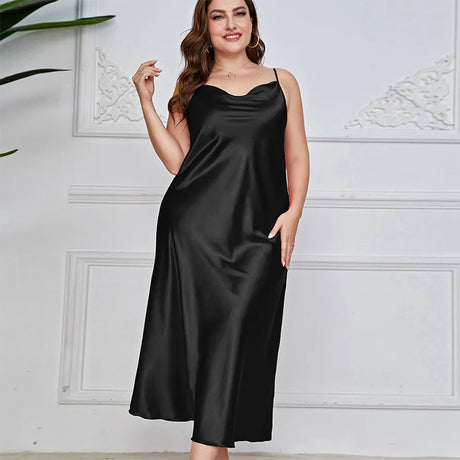 2025 New Women's Fashionable Sexy Plus Size 2XL Long Silk-Like Sling Nightgown Breathable Casual Sleepwear Loungewear