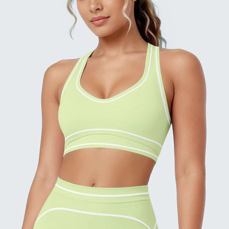 Women's Yoga Bra Vest Fitness Tank Running Workout Gym Top Push Up Padded Soft Slim Contrast Piping Racerback Sports Underwear