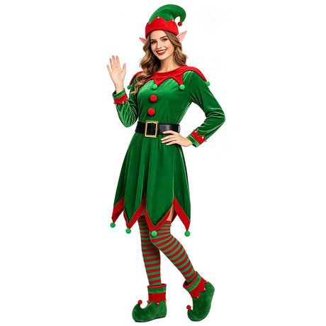Adult Christmas Themed Elf Cosplay Costume Set Full Outfit with Long-Sleeve Green Dress for Holiday Parties Christmas Attire