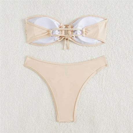 Pink Shiny Glitter Mesh Bandeau Bikinis Sets Sexy Swimsuit Woman 2026 Metal Ring Swimwear High Cut Bathing Suit Bikini De Mujer