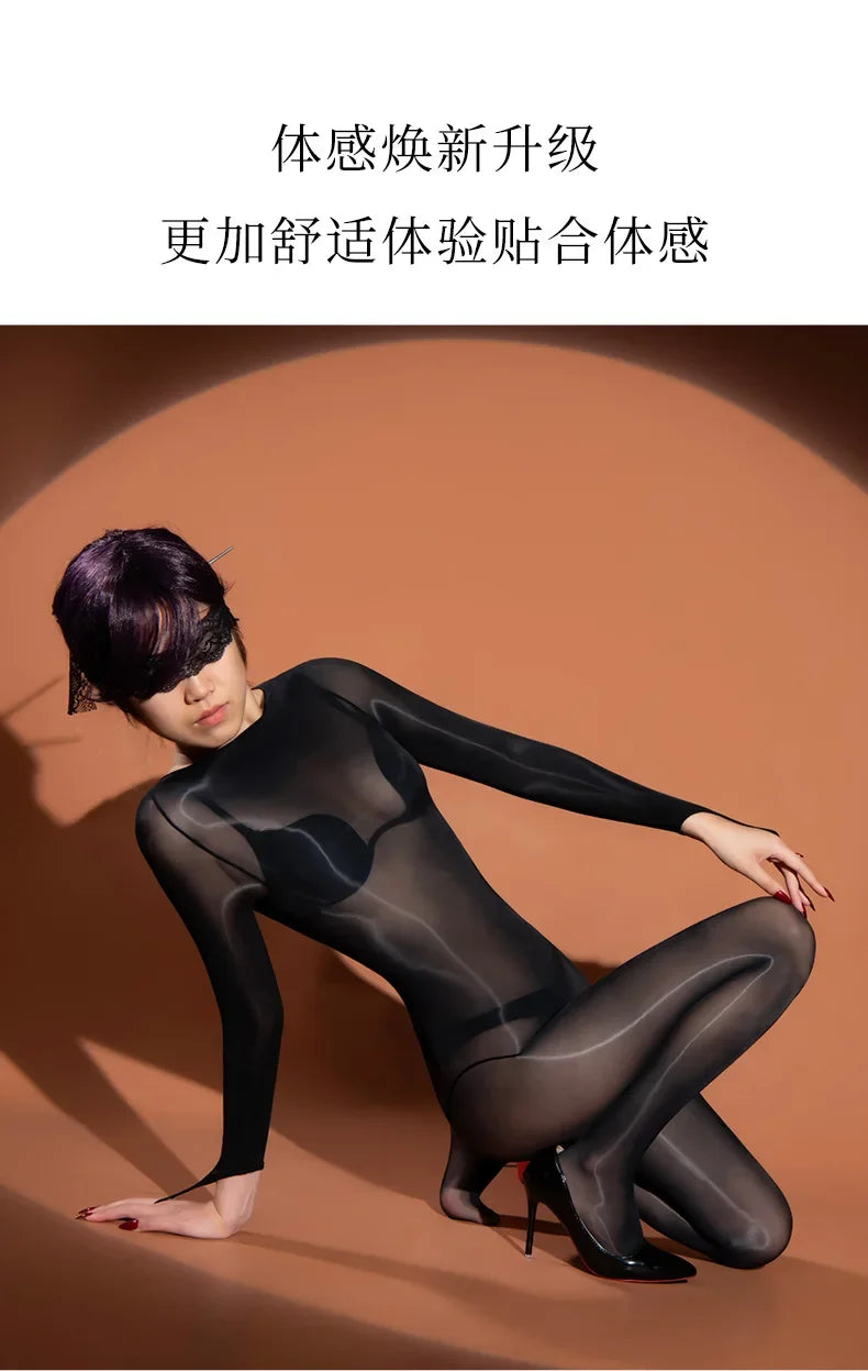 Oil Shiny Bodysuits Five Fingers Women Men Unisex Sexy Lingerie Transparent Seamless Bodysuit Thin Exotic Teddies Tight Stocking