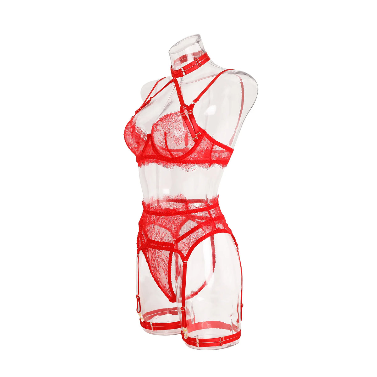 Ellolace Solid Women's Lingerie Sets Seductive Halter Bra Garter Thong 3PC with Leg Circles Sexy Lace Intimate Women Underwear