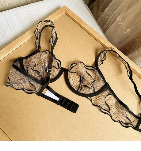 European Style Ultra Thin Sheer Lace Lingerie Set Embroidery Minimizer Bra Big Bust Support Slim Fit Underwear S-XL Size 32-38