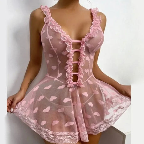 Plus Size Mesh Sling Nightdress Lace Emotional Lingerie Sexy Nightwear Female Temptation Nighties for Women Sleeping S-5XL Dress