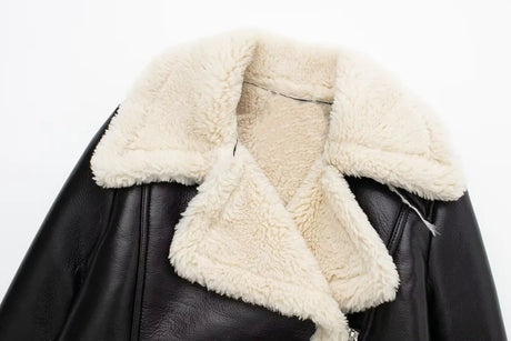 HH Women Faux Leather Thicken Short Jacket Vintage Front Zipper Lapel Long Sleeve Coat Winter Women Warm Casual Outerwear