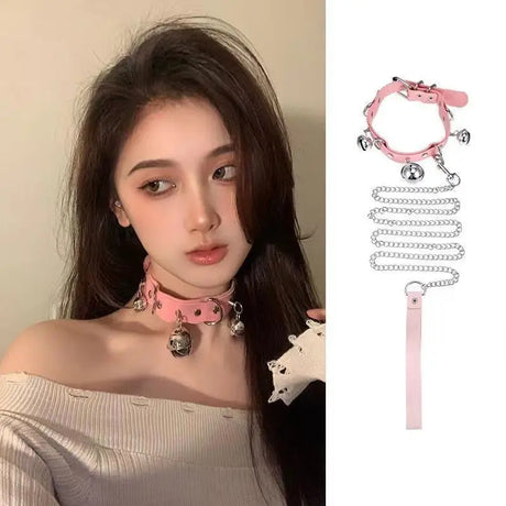 Leather Choker Heart Collar and Leash with Chains Bdsm Choker Submissive Collar for Female Fetishists BDSM Sex Leash Punk Goth