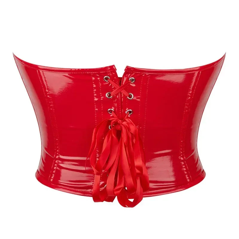 Black Shiny PVC Bustier Faux Leather Corset Crop Top Body Shaper Women Sexy Corselet Vest Plus Size