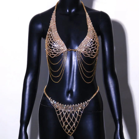 Tassel Underwear Rhinestone Bra Chain Harness for Women Accessories Sexy Fashion Crystal Bikini Bra and Thong Sets Body Jewelry