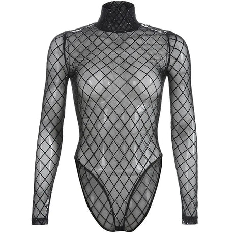 Crystal Fishnet Mesh Bodysuits Women Long Sleeve Bodycon Leotared Body Top Summer Fall Sexy Sheer Bodysuits Party Club