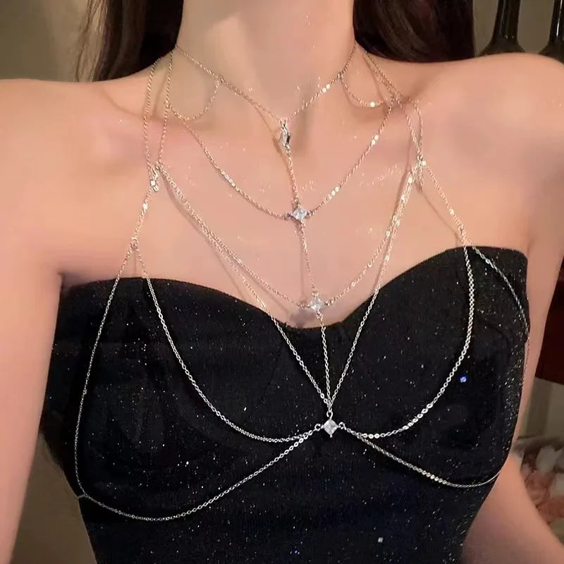 Fashion Square Zircon Chest Chain for Women Personalized Sexy Multi Layer Chain Tassel Body Chain Beach Bikini Jewelry Gift