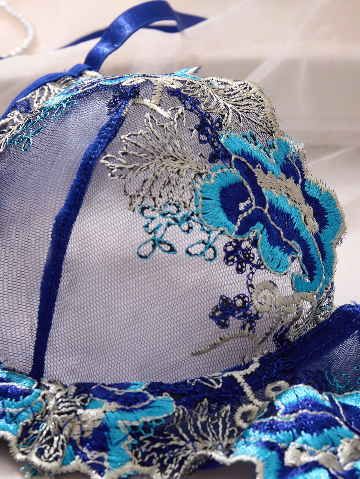 Women Royal Blue Floral Embroidery Lingerie Set Satin Sheer Mesh Underwire Bra & Thong Intimate Underwear ZA825146
