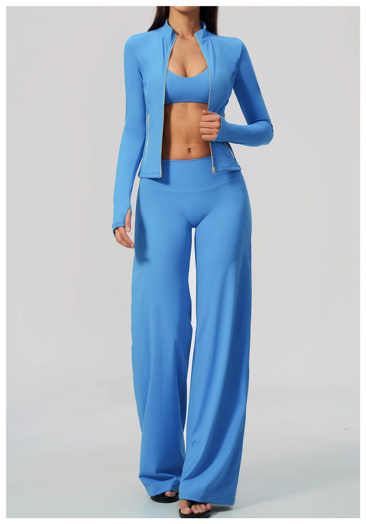 Women's 2/3Pcs Yoga Set Zip Jacket Sports Bra Cross Back Wide Leg Flare Pants Push Up Gym Set Workout Running Fitness Activewear
