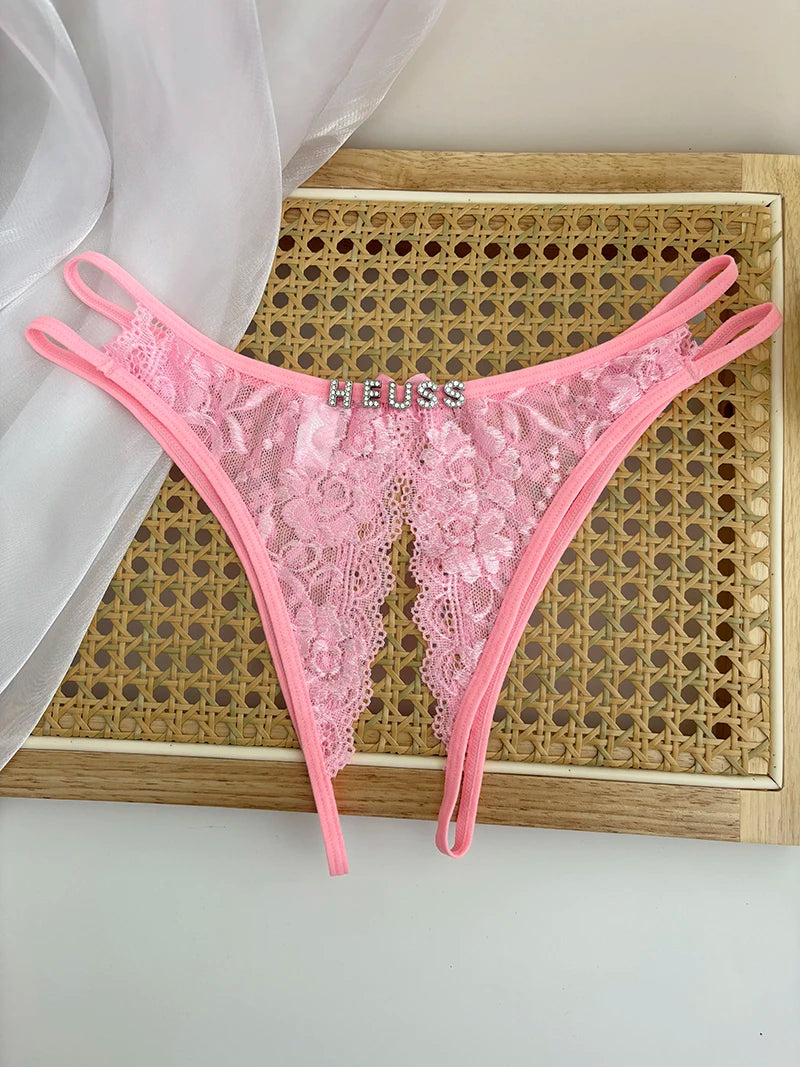 Custom Name Crystal Letter Briefs Sexy Lace Crotchless Knickers Hollow Waist Panties Open Gear Underpants Girlfriend Wife Gift