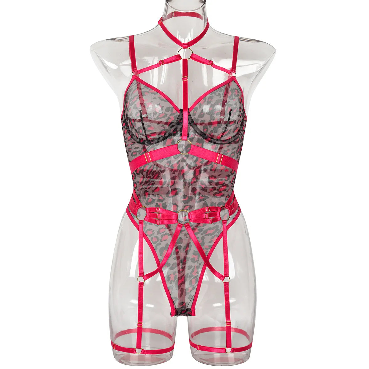 Leopard Print Strappy Bodysuit Blue Caged Harness Lingerie Sexy Mesh Sheer Teddy Underwire Erotic Lenceria Mujer