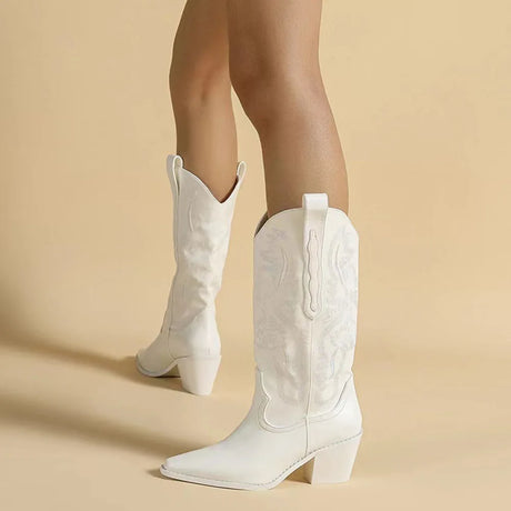 White Cowgirl Western Boots Embroidery Cowboy Boots for Women 2026 Brand Fashion Chunky Heeled Women Mid-Calf Boots Shoes Comfy