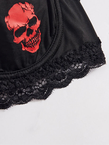 Ultra-Thin Lace Edged Skull Print Bra with Steel Ring Underwear Women's Fashionable Skeleton Patterned Bralette