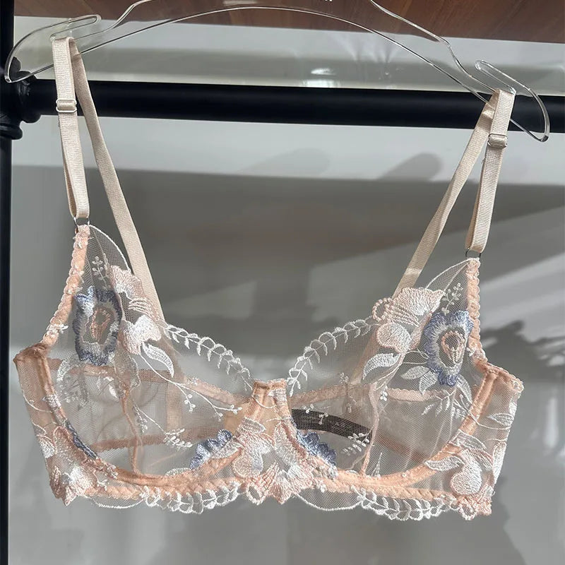 M-XL Luxury Ladies Underwear Floral Embroidery Ultrathin Transparent Lingerie Sets For Women Sexy Push Up Gather Bra Panties