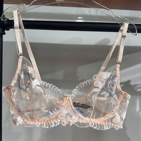 M-XL Luxury Ladies Underwear Floral Embroidery Ultrathin Transparent Lingerie Sets For Women Sexy Push Up Gather Bra Panties