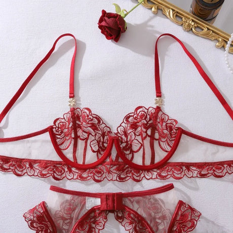 Women's Burgundy Lace Lingerie Set Underwire Bra Thong Panty Garter Straps Stockings Floral Embroidery Sexy Underwear Outfit