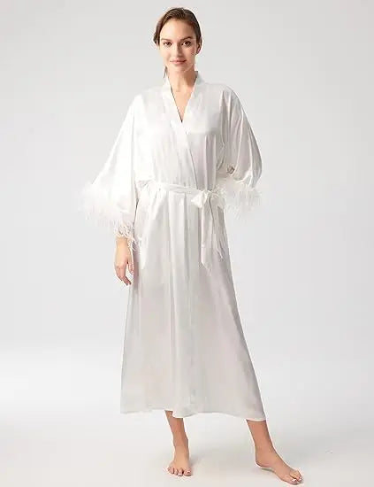 Feather Robe Long Cardinal Red Bridal Lingerie Softest Bridal Robe with Feather Boudoir Silk Kimono Bridesmaid Dressing Gown New