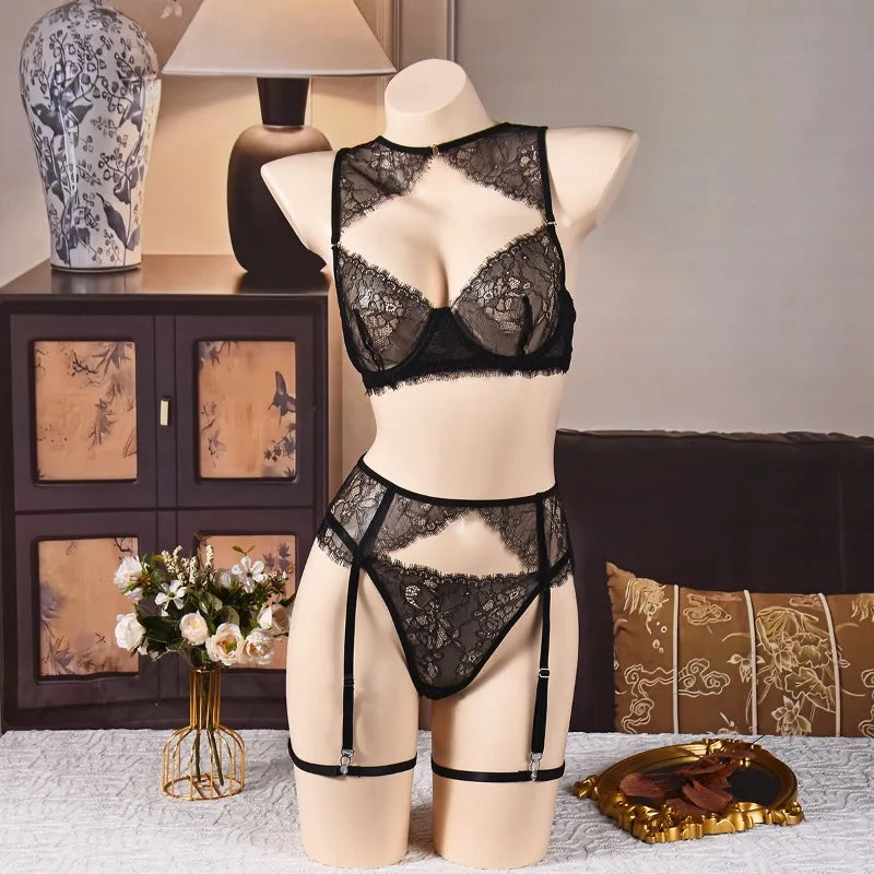 Women's Black Lace Lingerie Set Underwire Bra Thong Panty Garter Straps Choker Gloves Floral Embroidery Sexy Underwear Outfit
