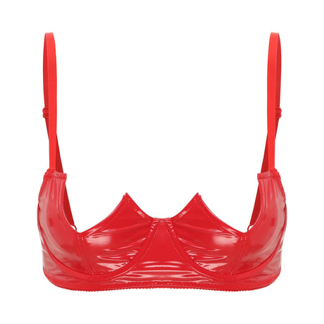 Women Sexy Exposed Nipple Bras Wet Look Patent Leather Underwired Brassiere Top Lingerie for Nightclub Pole Dacing Nightwear