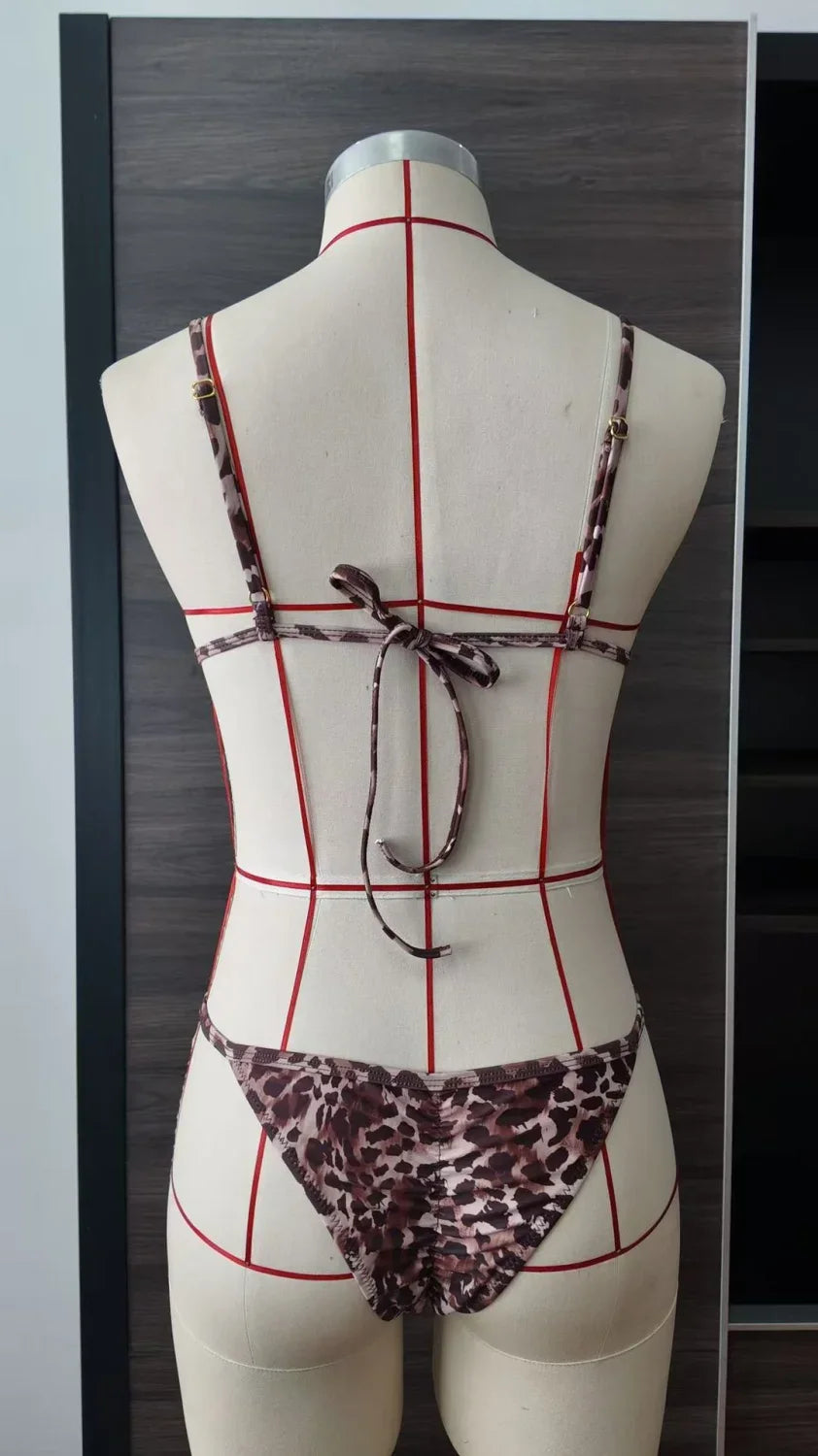 2025 Women's Leopard Print Triangle Strap-up Split Bikini Swimsuit Internet Celebrity Beach Seaside Sexy Bikini Swimsuit
