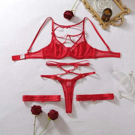 Sexy Red Women's Lingerie Sets Bowknot Sheer Mesh Bra Thong Garter Belt 4PC Strappy Body Shaping Sleepwear Seductive Underwear