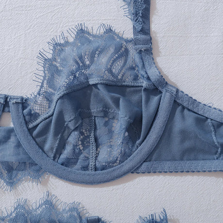 Diccvicc Coquette Slate Blue Lingerie Set 4 Piece Eyelash Lace Satin Bra Peplum Ruffle Garter with Rosebud Thong Women Nightwear