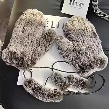 Hot Sale Women's 100% Natural Rabbit Fur Winter Gloves Warm Knit Thick Thermal Mittens Soft Real Fur Outdoor Cold Weather Glove