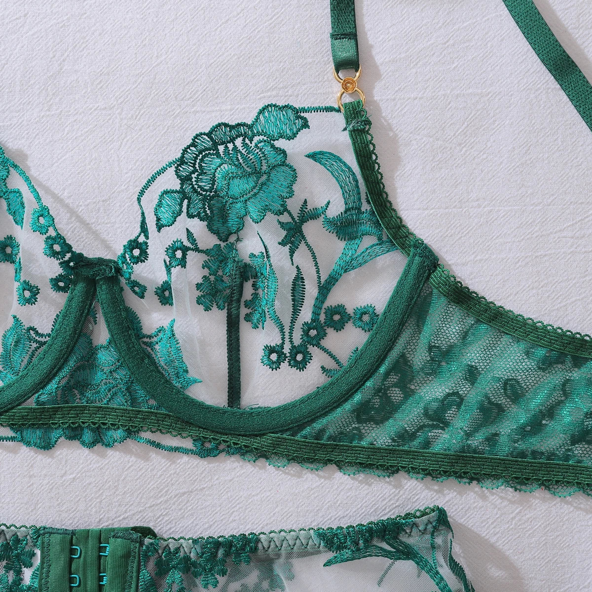 Heavy industry embroidery sequin red slim fit perspective high-end splicing gemstone decoration sexy lingerie four piece set