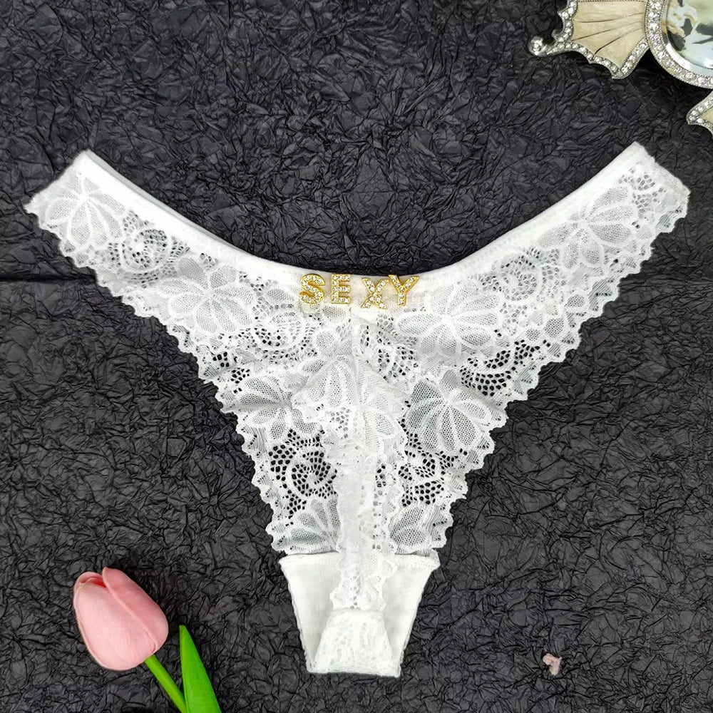 Sexy Custom Thong Name Lace String Customized Women Name Thong Crystal Letters Underwear Personalized Gift for couple