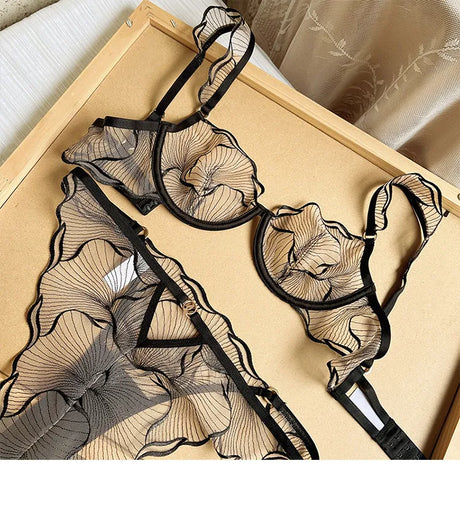 European Style Ultra Thin Sheer Lace Lingerie Set Embroidery Minimizer Bra Big Bust Support Slim Fit Underwear S-XL Size 32-38