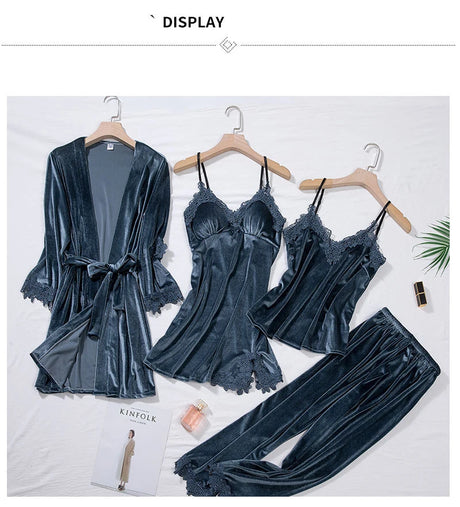 TOP Casual Velour Home Clothing 4pcs Sleep Set Intimate Lingerie Women Pajamas Suit Long Sleeve Lace Velvet Homewear Pyjamas Set