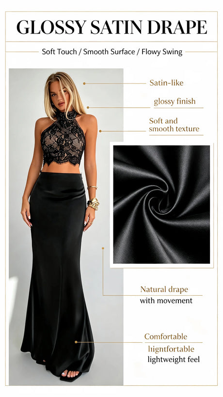 Women Black Satin Mermaid Maxi Skirt High Waist Bodycon Long Skirt Elegant Evening Party Formal Dressy Skirts
