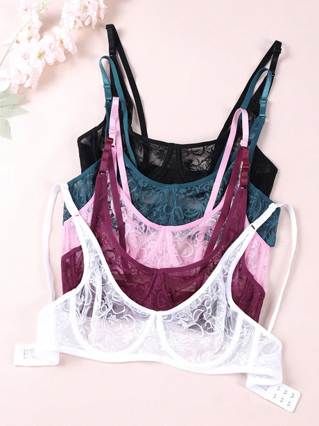 3 Pcs Women's Lace Bra Set Underwire Hollow out Embroidery Sexy plus Size Lingerie Tops Brassiere Underwear B C D E Cup